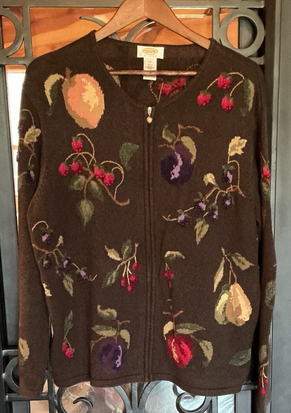 Vintage 90s Talbots Woman Plus 2X Fruit Embroidered Cardigan Ramie Cotton Silk